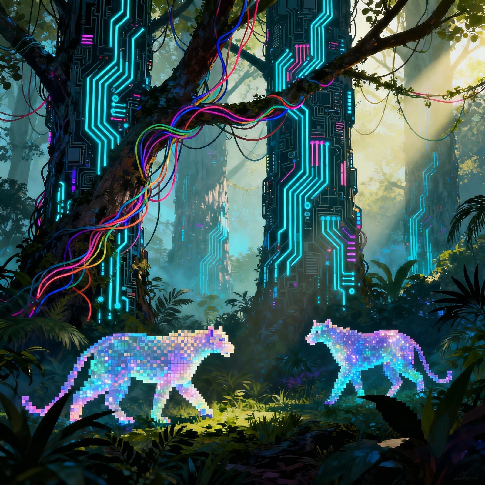 Bioluminescent Cyber Jungle with Circuit Board Trees