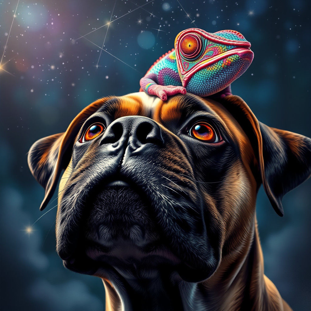 Mystical Boxer Dog Gaze at Celestial Chameleon in Starry Nig...