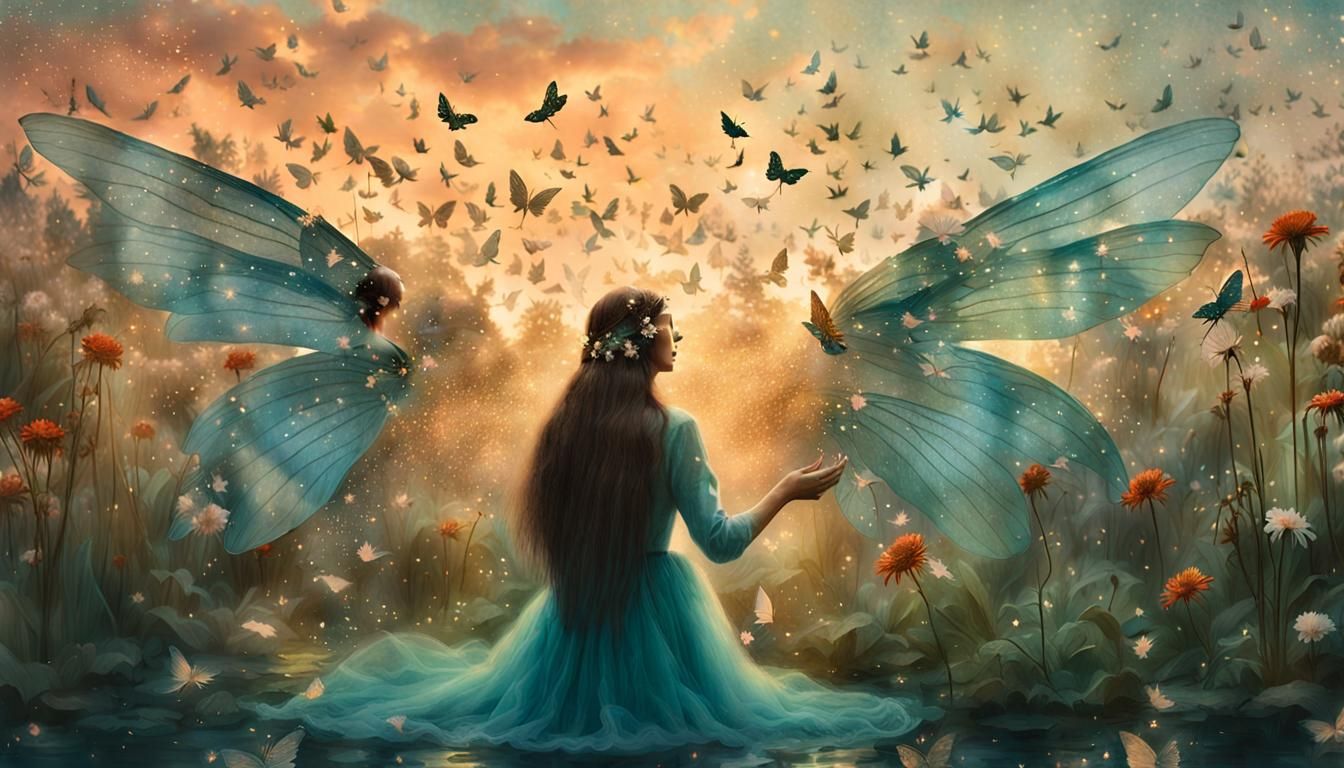 Fairies Playing in Garden Digital Art Collage