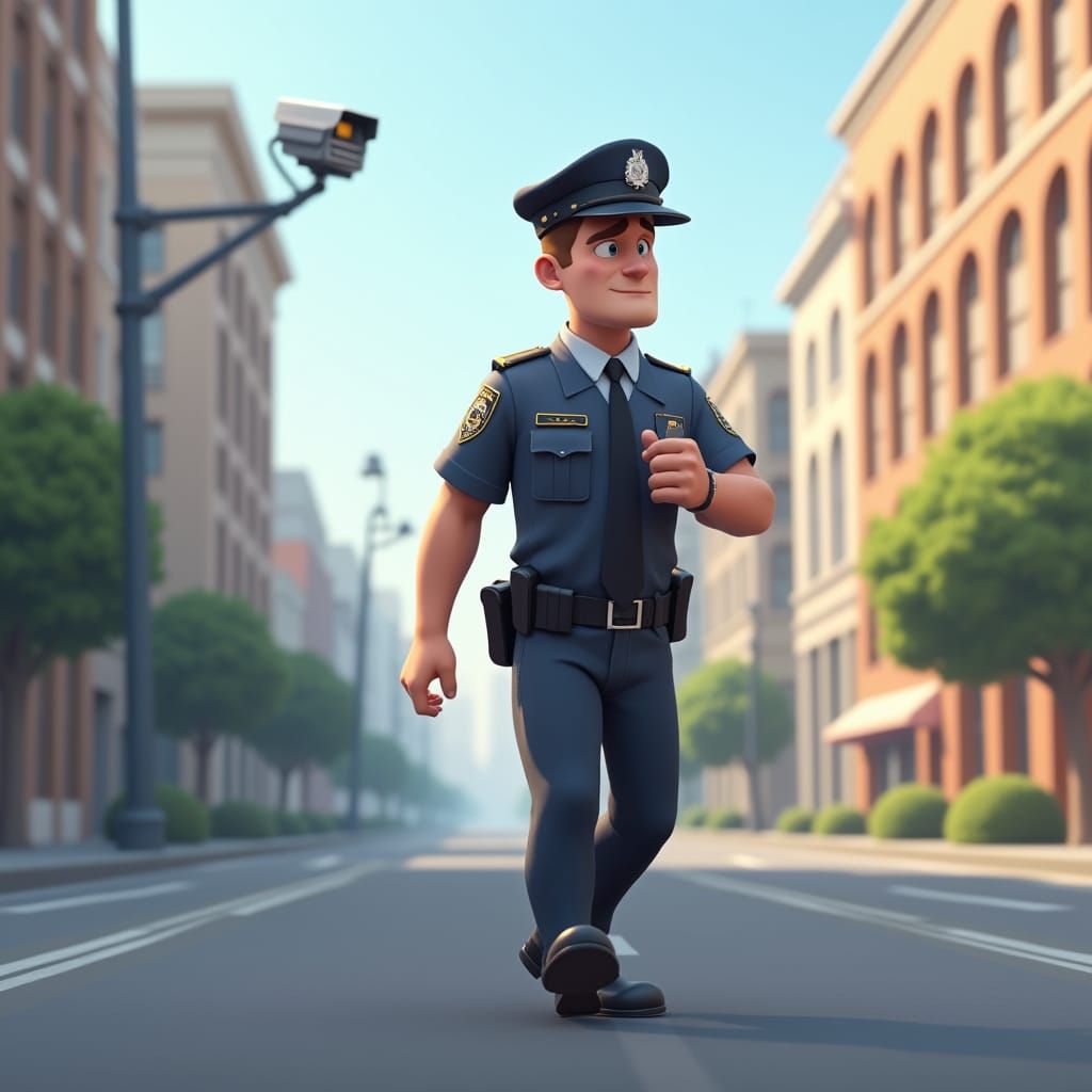 Security Guard on Urban Street in 3D Animation Style