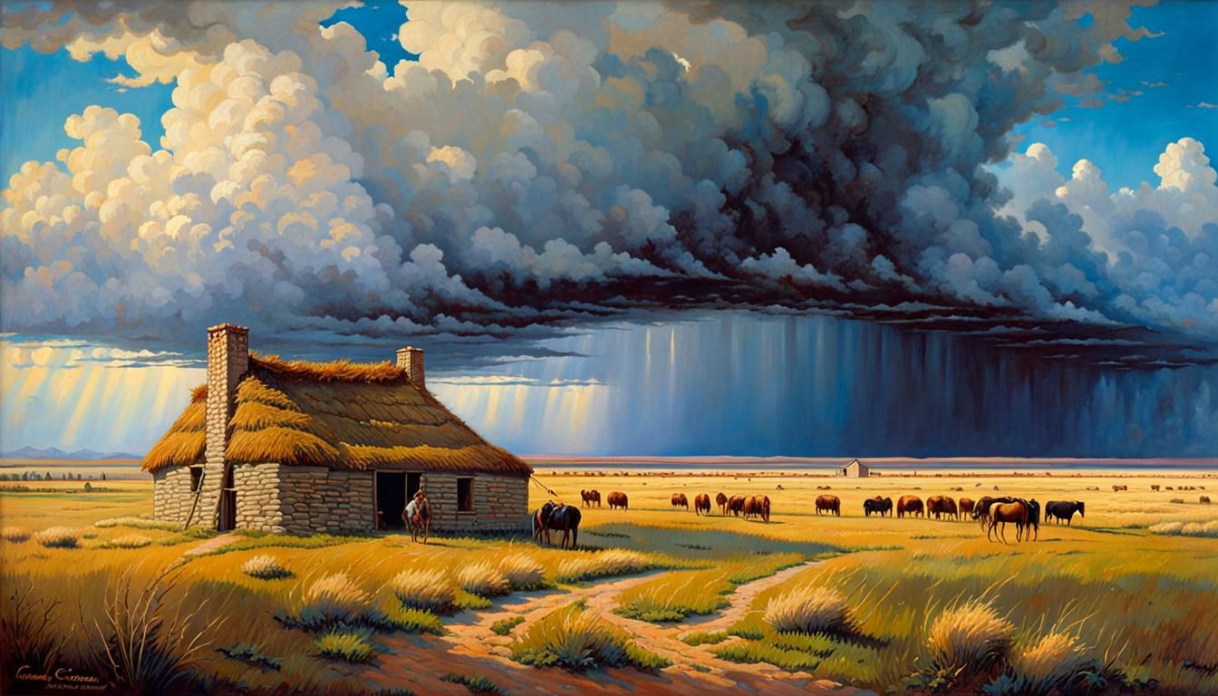 Prairie Sod House Under Approaching Storm