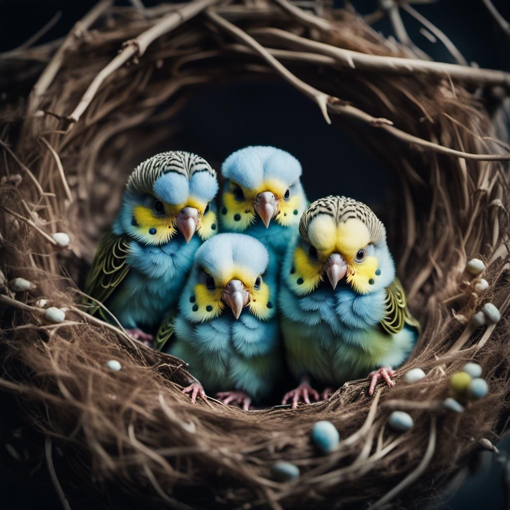 Adorable Kawaii Budgie Chicks in Nest