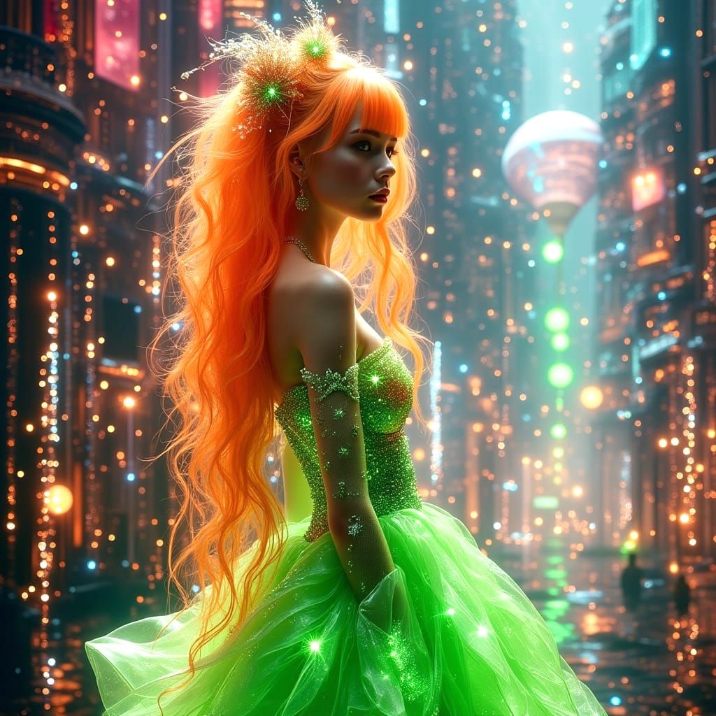 Stunning Cyberpunk Woman in Disco Show, Monet Textures