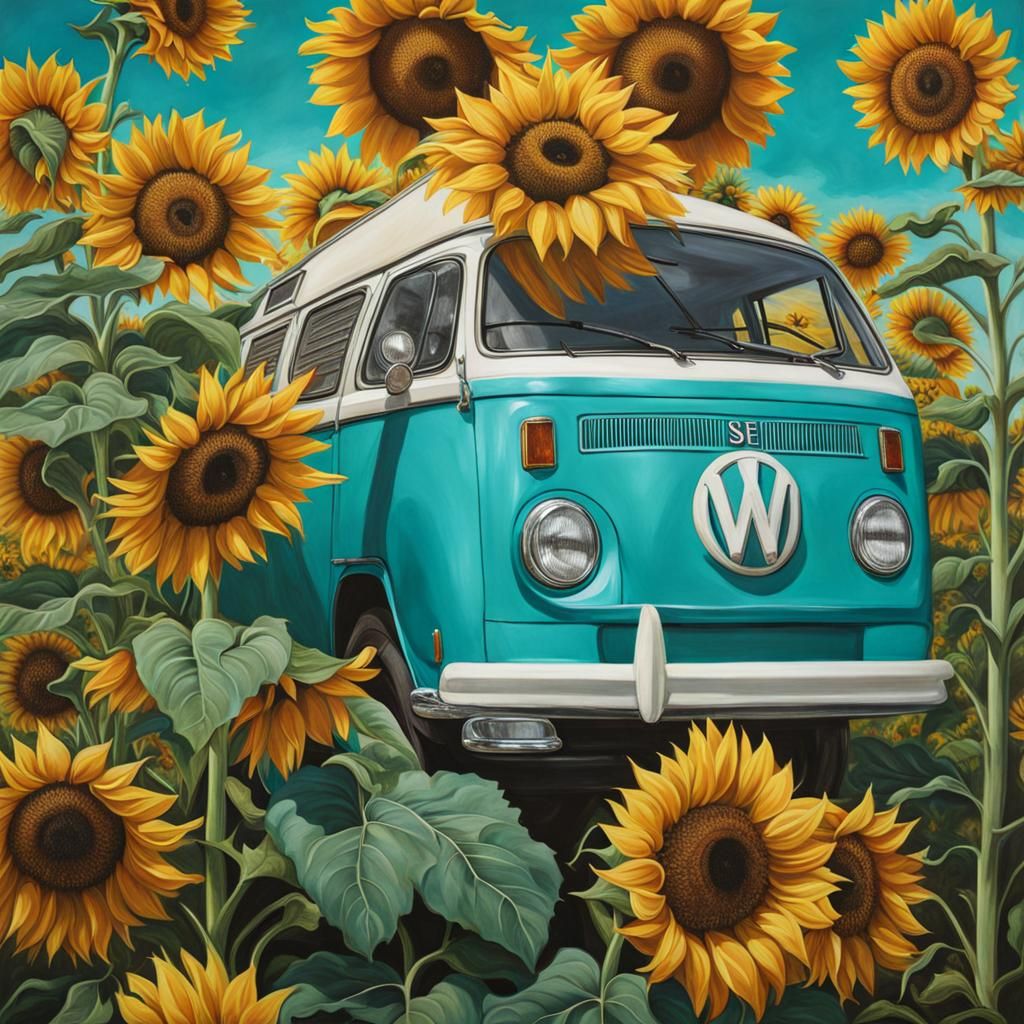 Turquoise Campervan Surrounded by Sunflowers: Hyperrealistic...