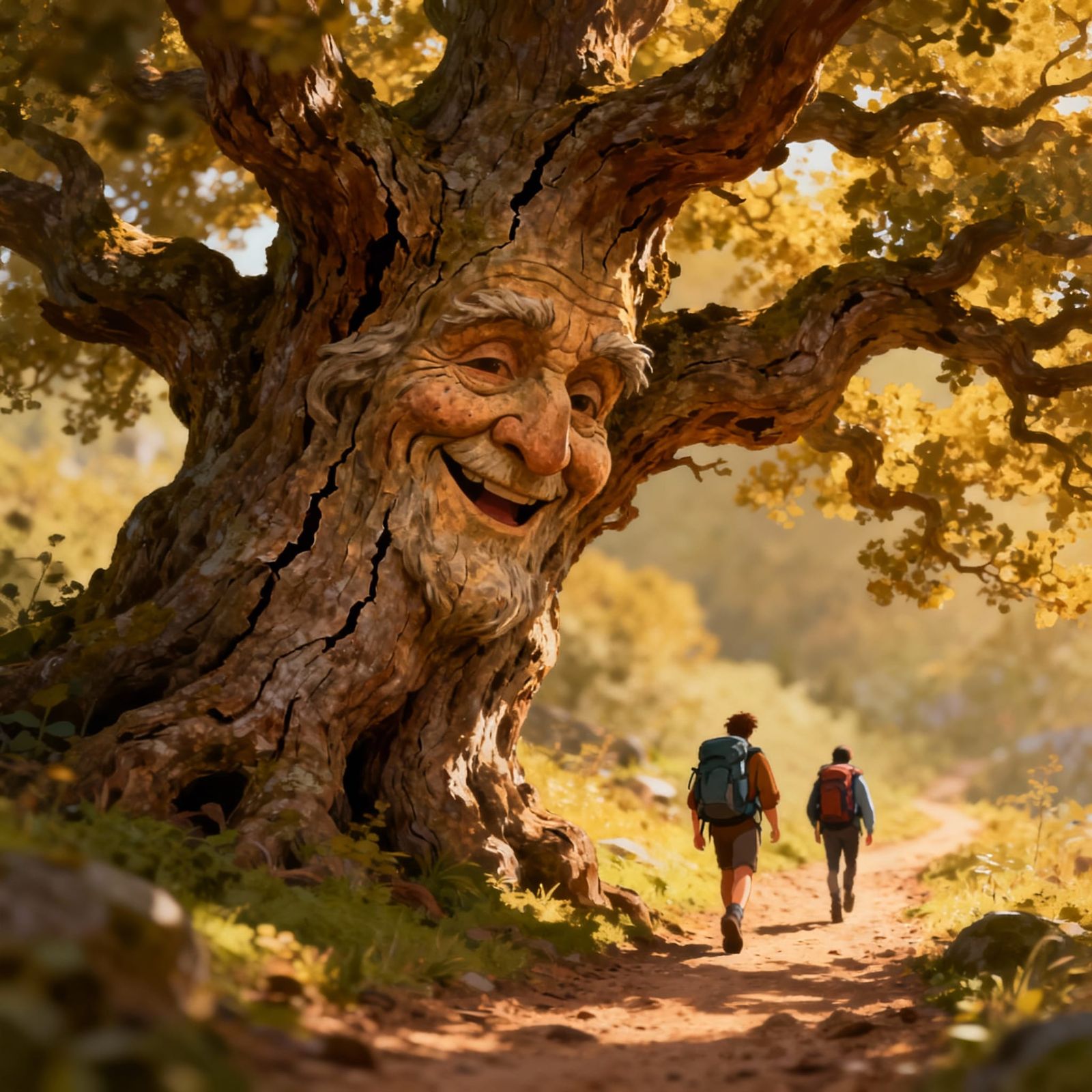 Wise Old Oak Tree Face Watches Hikers
