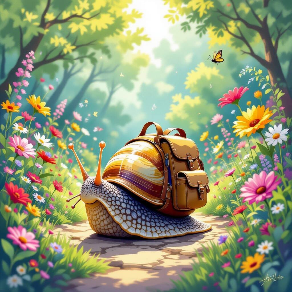 Whimsical Snail's Garden Adventure: Animated Fantasy Art