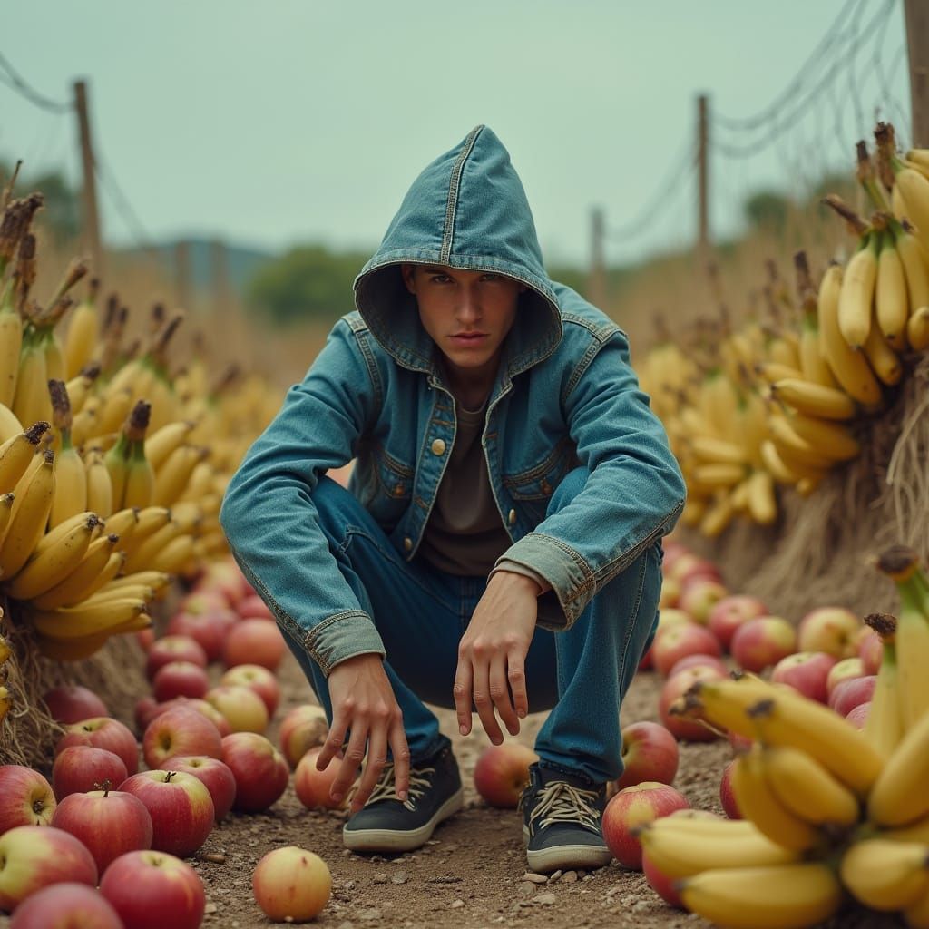 Robber Lost in Surreal Landscape of Bananas and Beachgoers