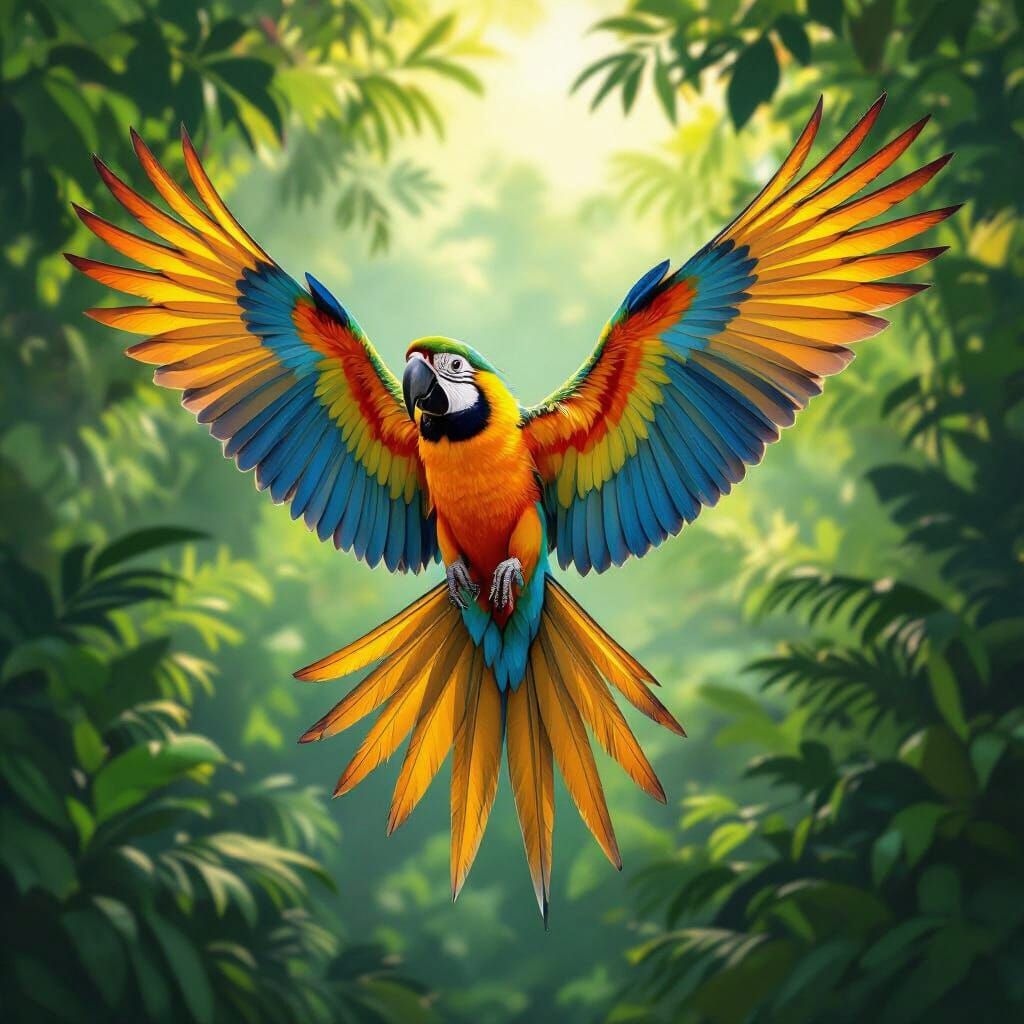 Vibrant Macaw Parrot Spreading Wings in Rainforest