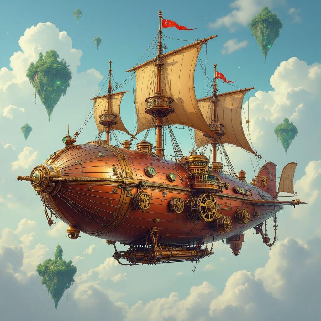 Steampunk Airship Among Floating Islands in Vivid Illustrati...