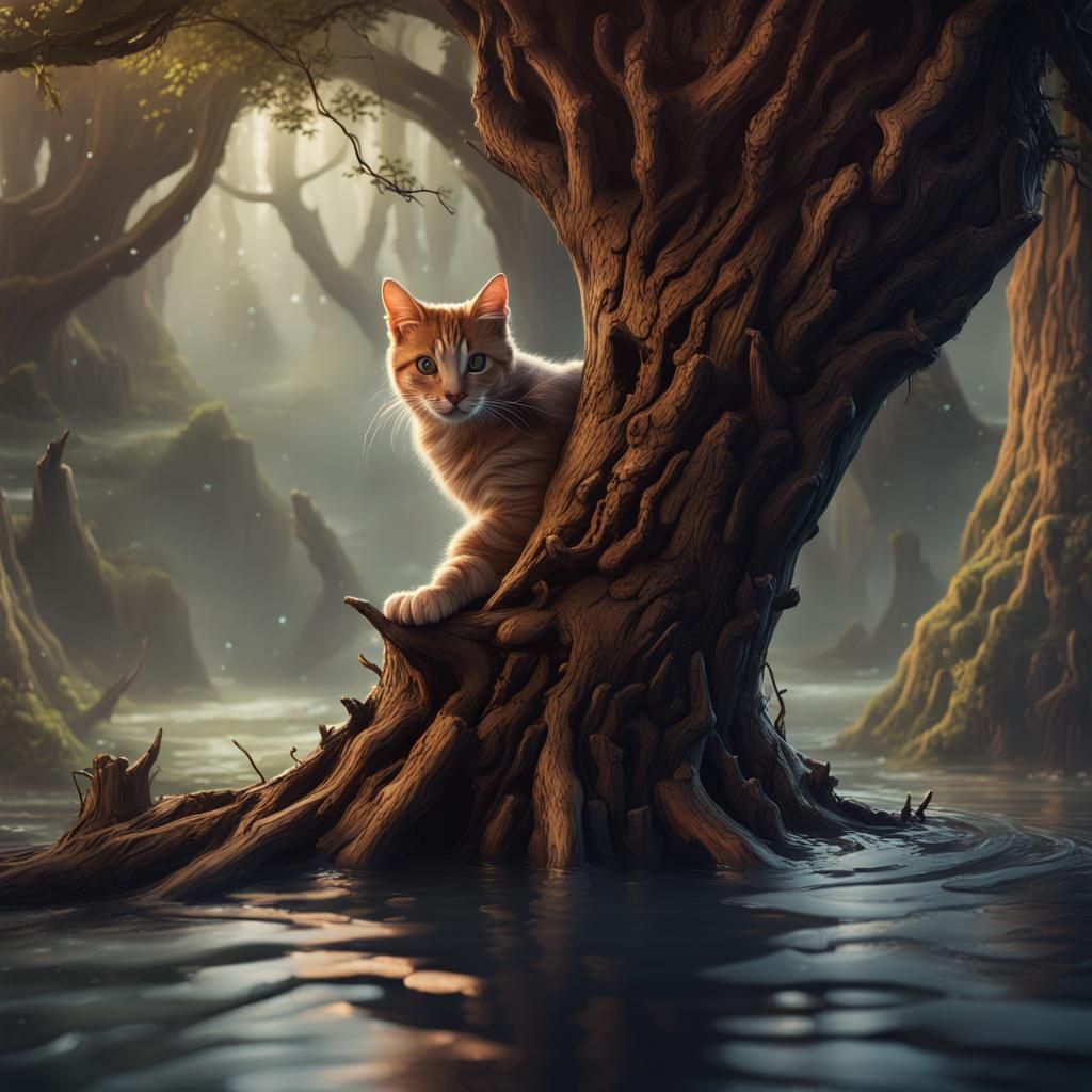 Cat in Flooded Tree Stump: Fantasy Concept Art