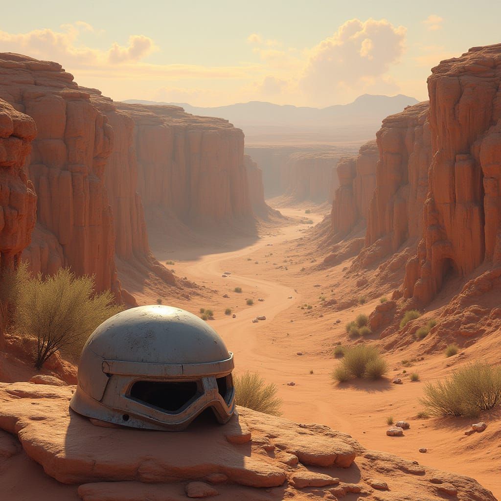 Arid Desert Canyon with Helmet, Hyperrealistic Portrait