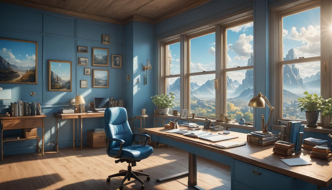 Modern Fantasy Office Corner with Blue Sky View