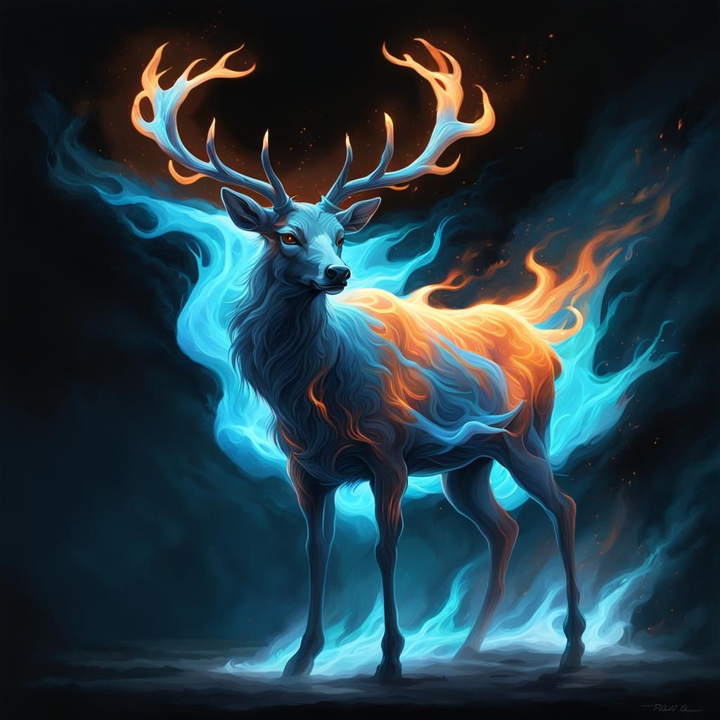 Glowing Deer Patronus in Prismatic Flames