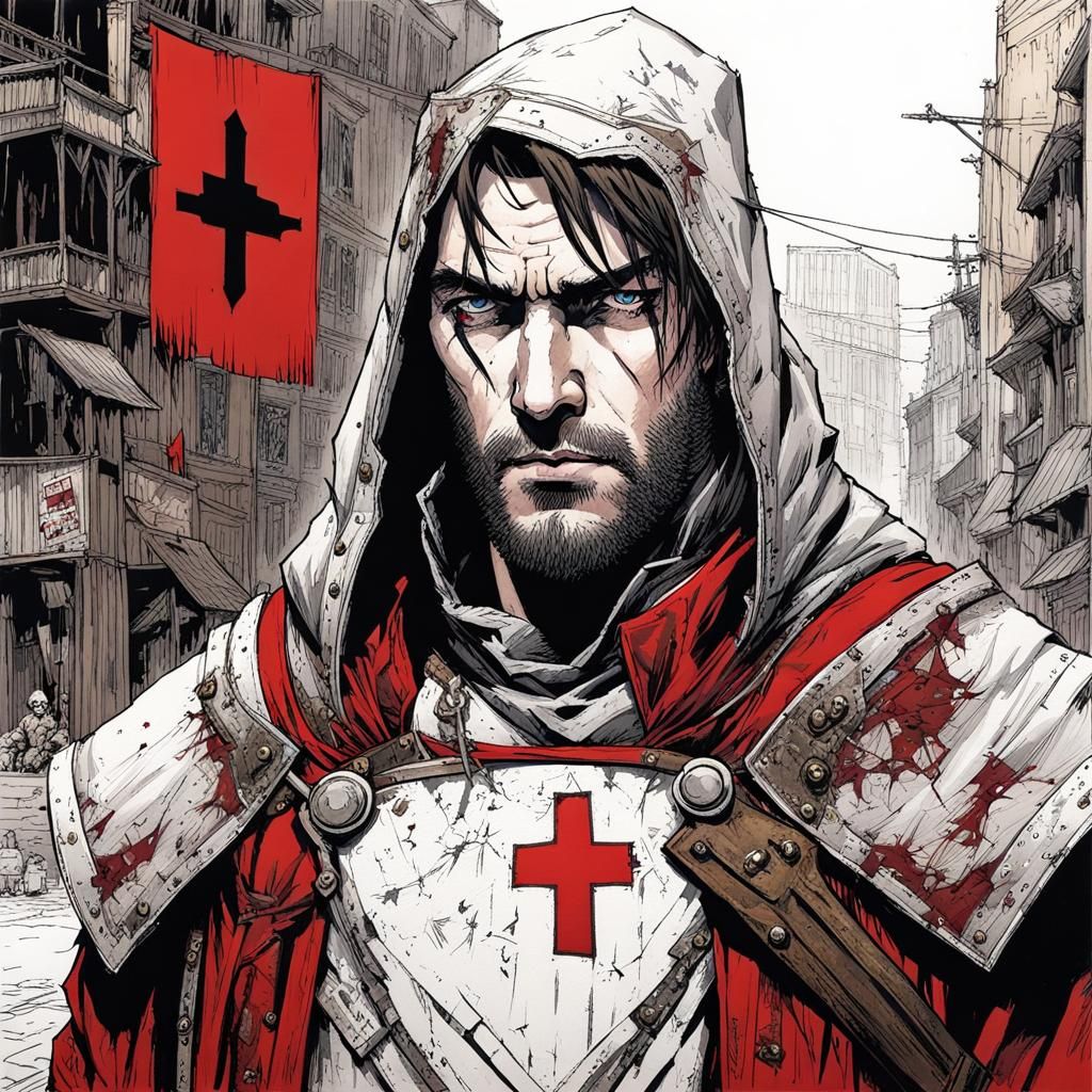 Menacing Post-Apocalyptic Paladin Portrait in Pen and Ink