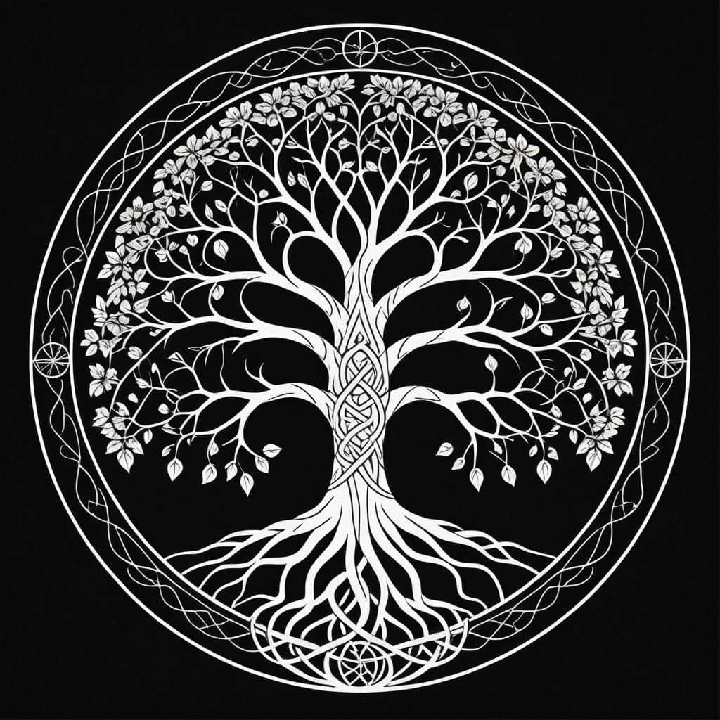 Sacred Geometry Yggdrasil Symbol in White on Black