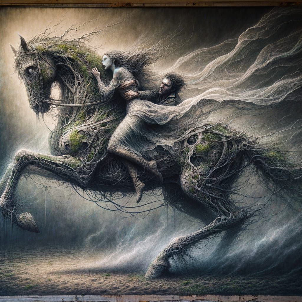 Beksiński tarzı, atın üzerinde zamanla donmuş, sarmaşık ve yosunla kaplanmış bir çift. Adamın yüzünde çaresizlik ama son...