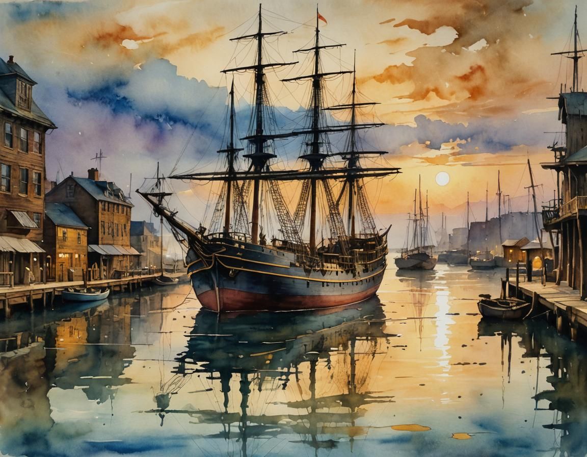 Vintage Ship at Last Port in Post-Impressionist Watercolor