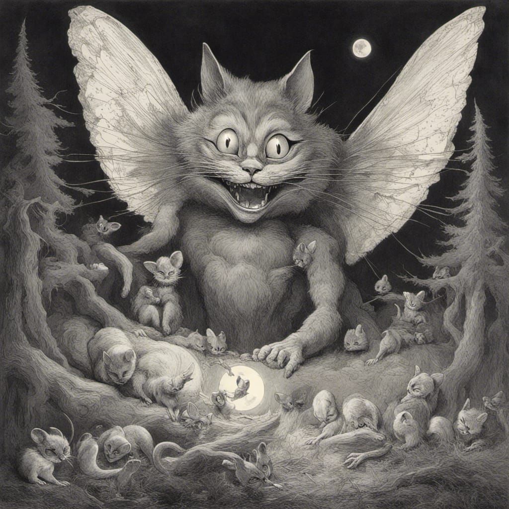 Feral Angel Cheshire Cat in Moonlit Forest