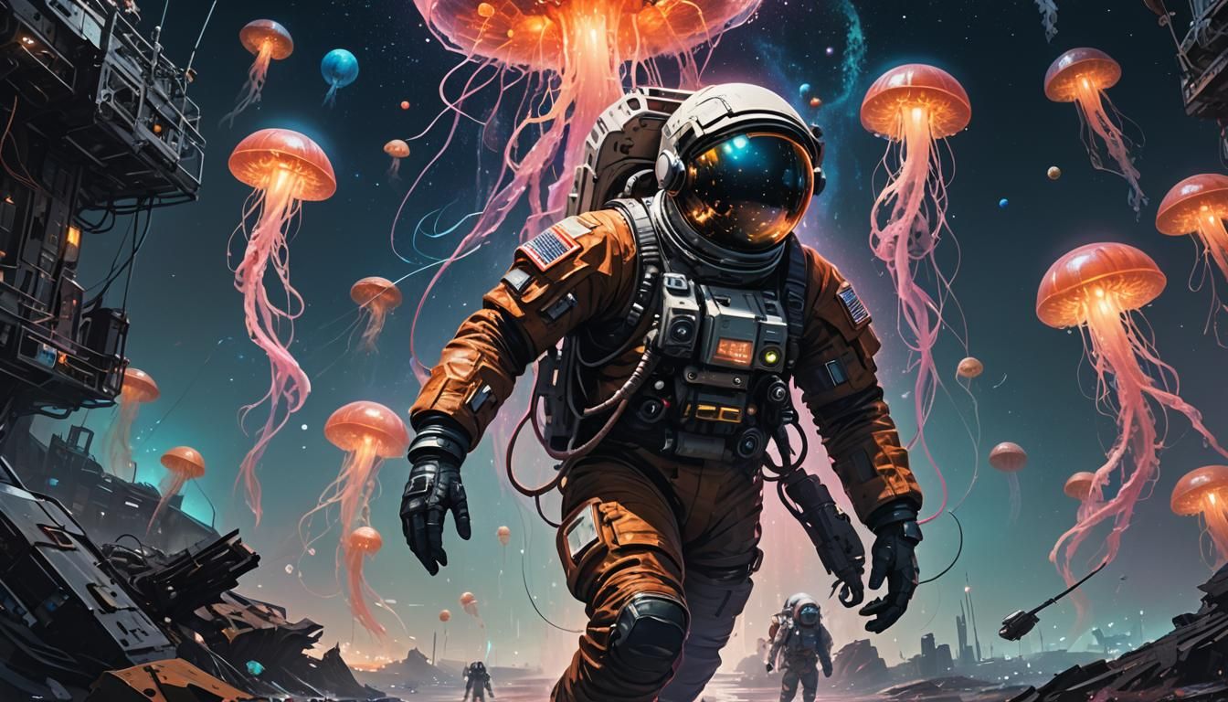 Astronaut and Jellyfish in Cyberpunk Space