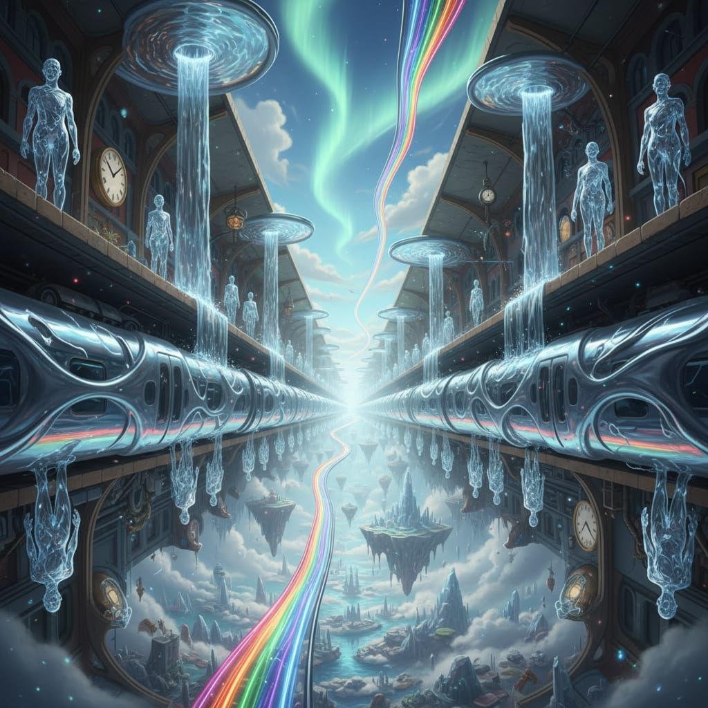 Surreal Upside-Down Train Station with Liquid Passengers