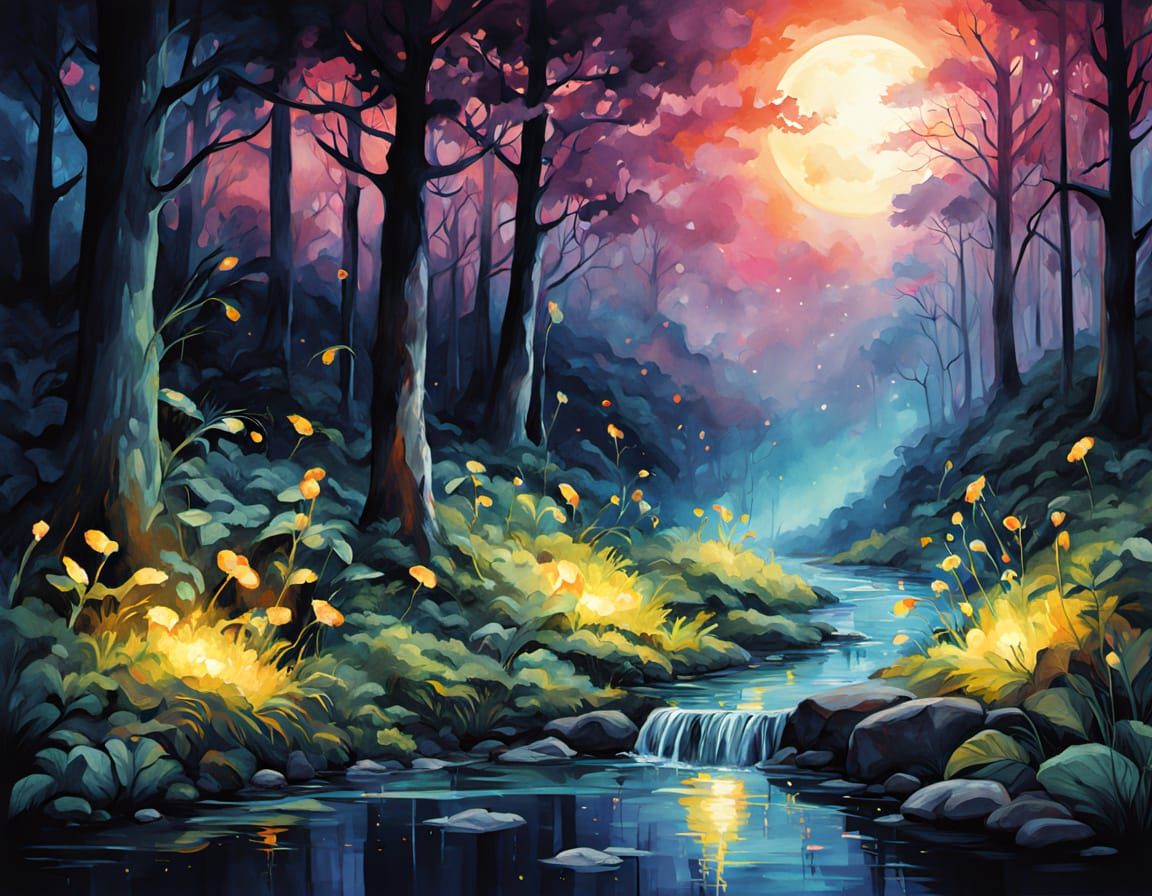 Fantasy Fireflies Dance Under Midnight Moonlight
