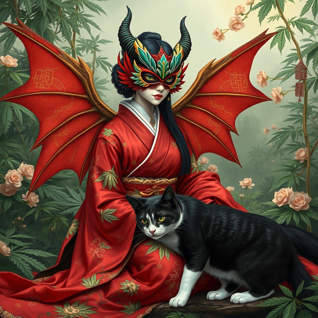 Dragon Woman with Cat-Moth Pet in Kimono