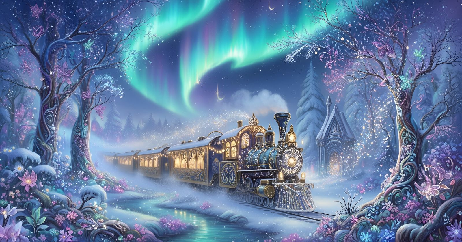 Art Nouveau Train in Mystical Winter Wonderland