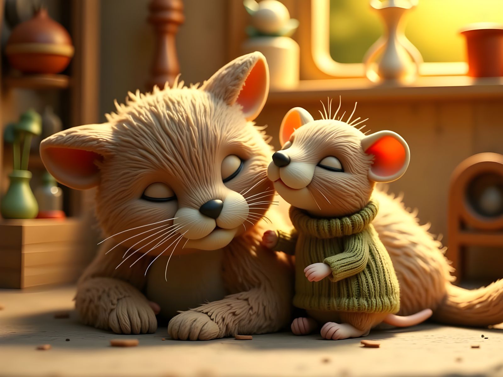 Adorable Mouse Sleeps Beside Motherly Cat in Claymation Styl...