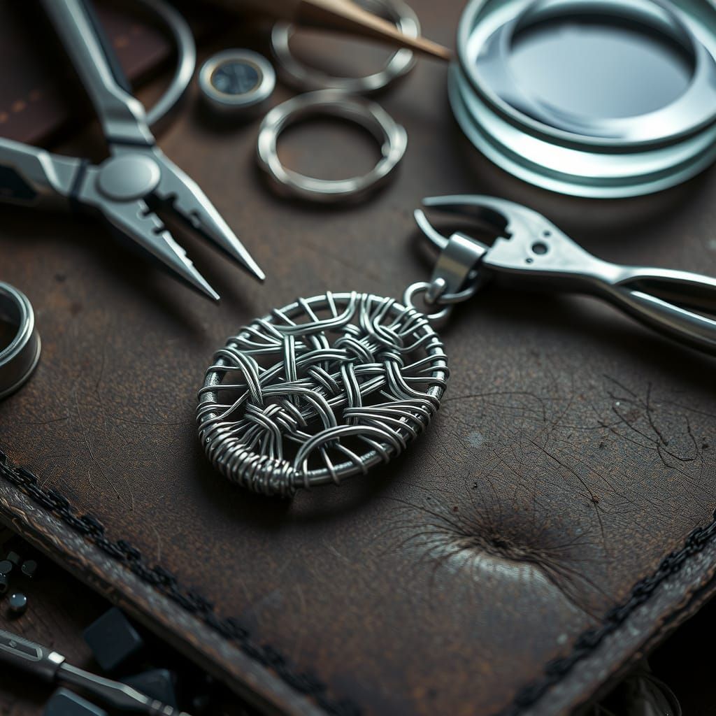 Intricate Silver Wireweave Pendant on Artisan Workbench