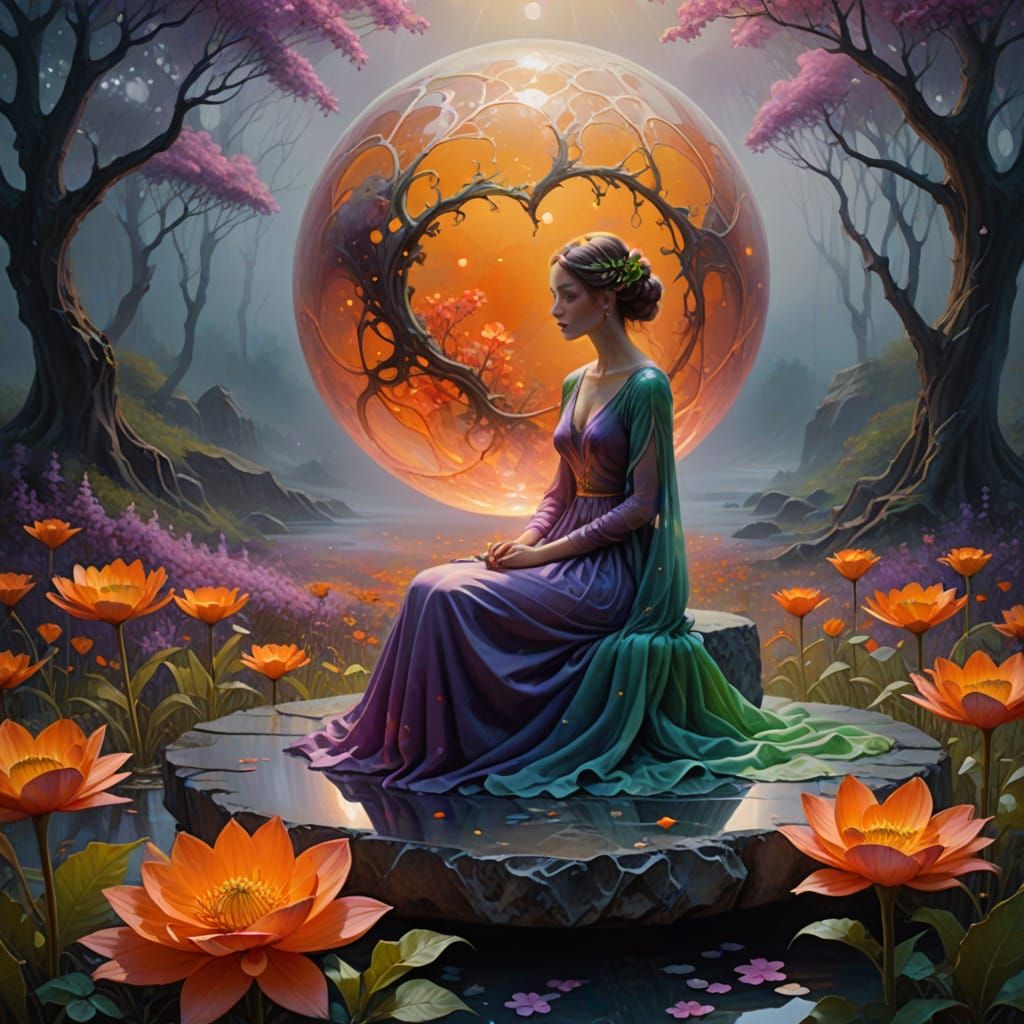 Surreal Dreamscape with Glowing Figure and Vibrant Flowers