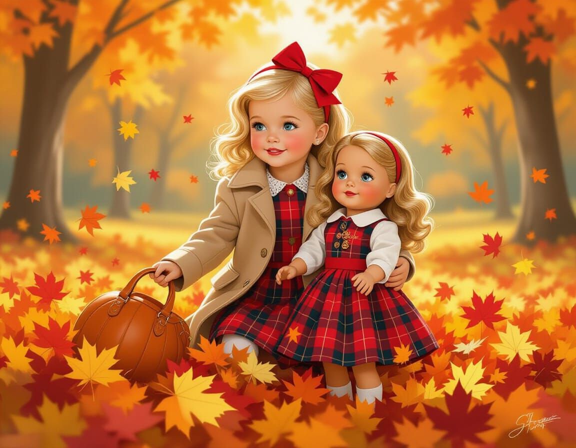 Girl Playing in Autumn Leaves: Golden Age Illustration