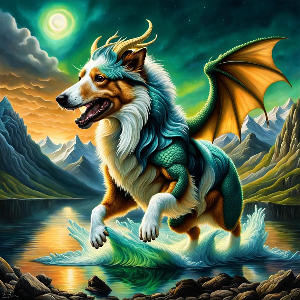 Surreal Dragon and Shetland Sheepdog Mountain Scene