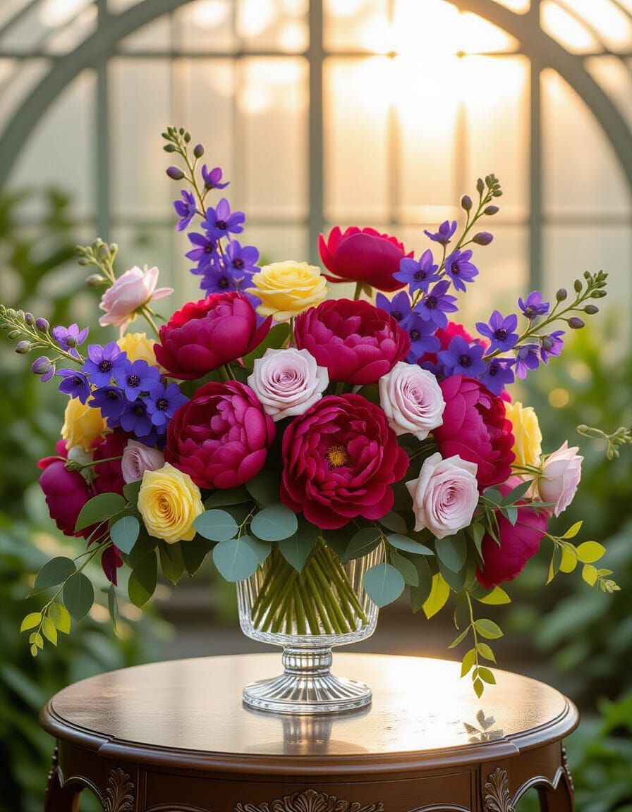 Museum-Grade Floral Arrangement in Crystal Vase