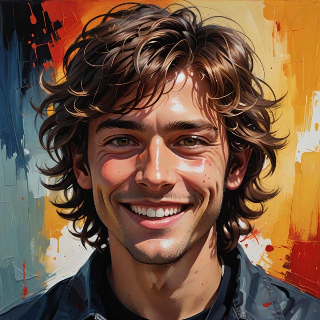 young boy, brown wavy hair, red eyes, crazy smile