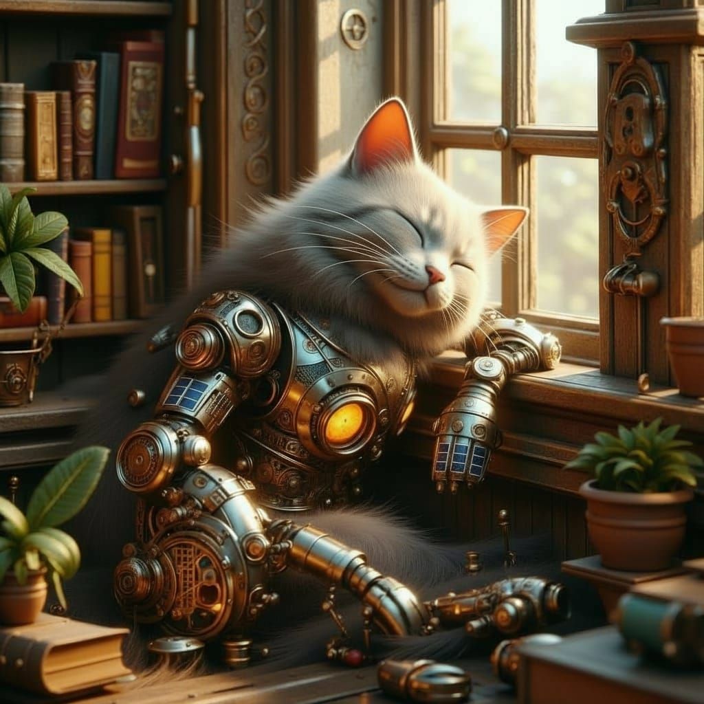 Steampunk Mechanical Cat Sleeping in Library Window