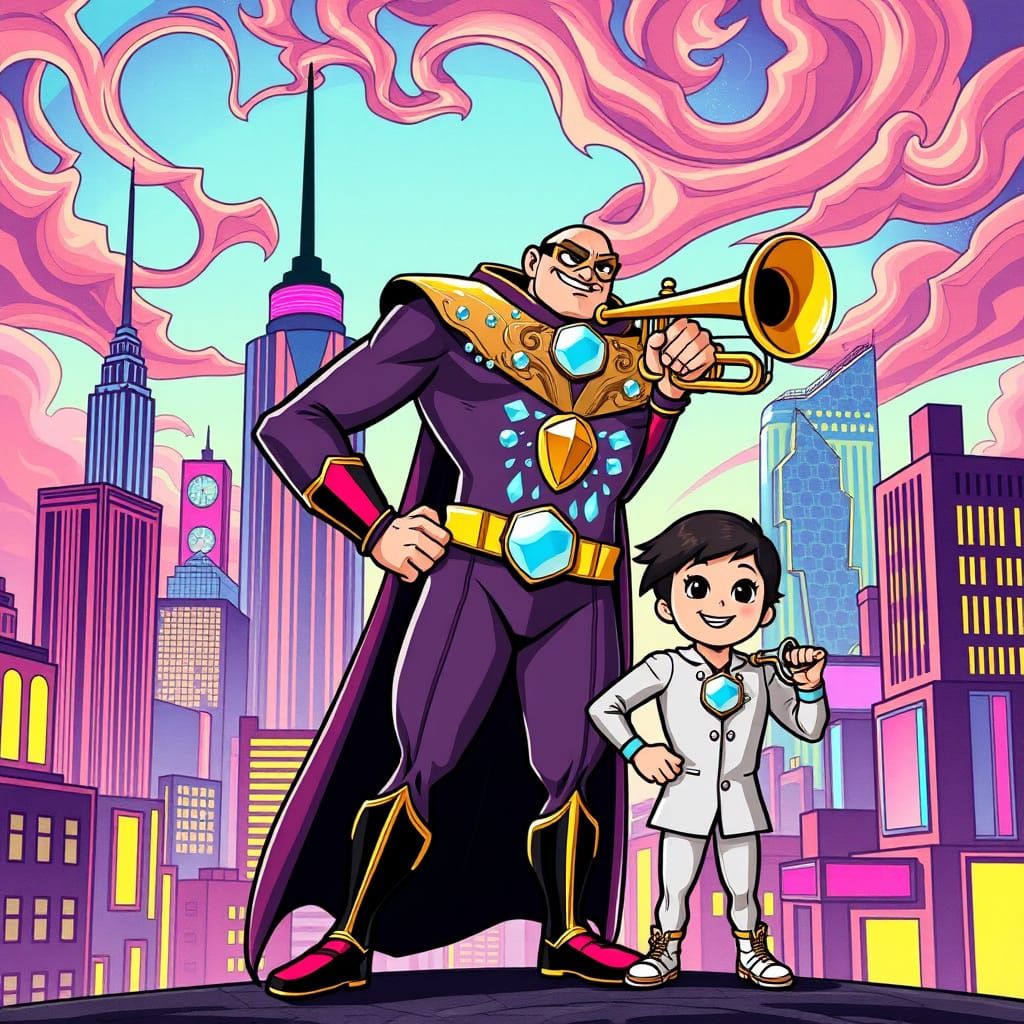 Superhero Duo Trumpeter and Bugle Boy Pose Heroically in Ret...