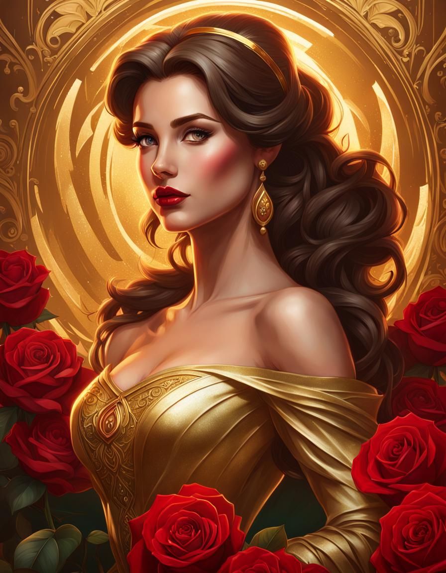 Princess Belle Portrait with Roses, Hyperdetailed Lighting