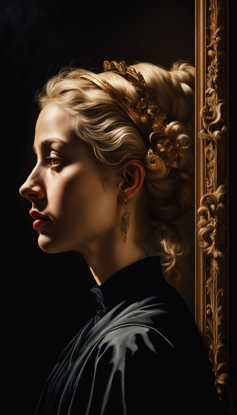 Woman in Profile Contemplates Masks in a Golden Glow