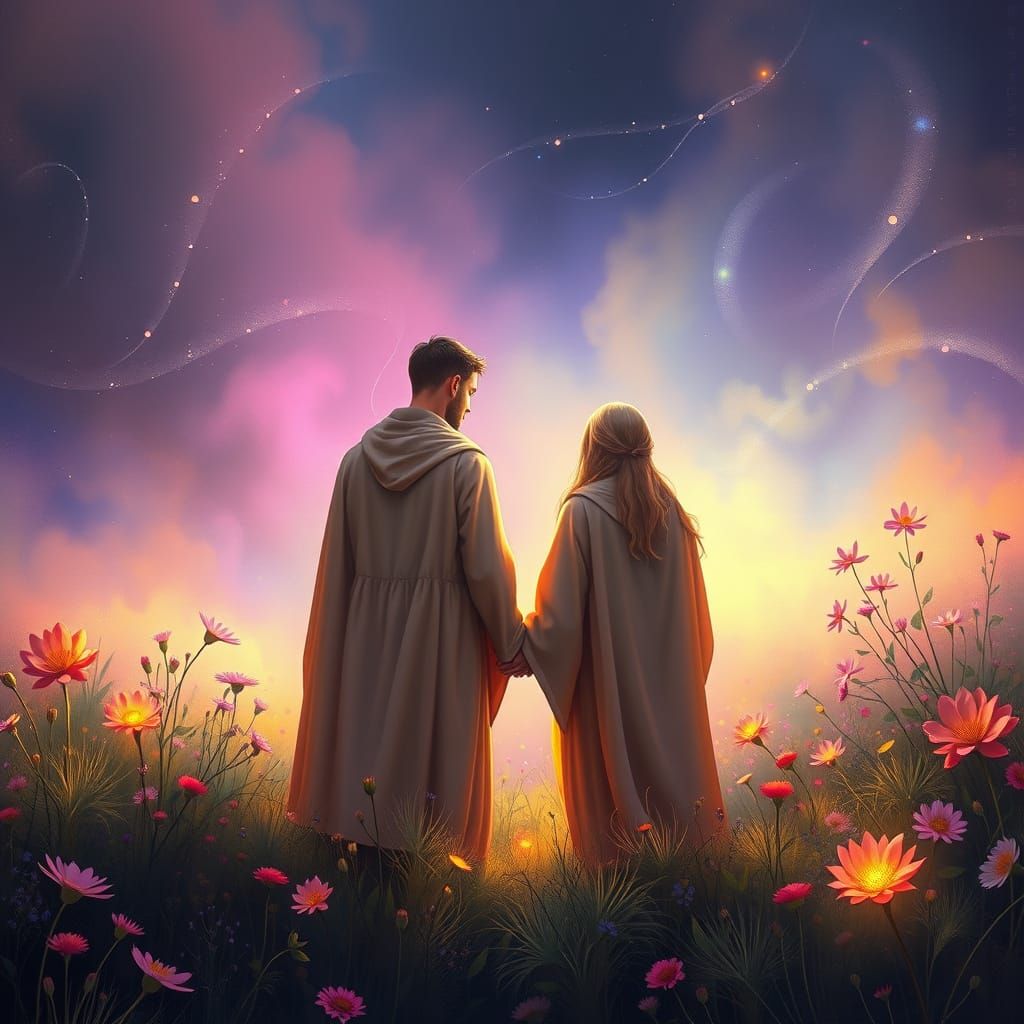 Soulful Lovers in Vibrant, Ethereal Paradise