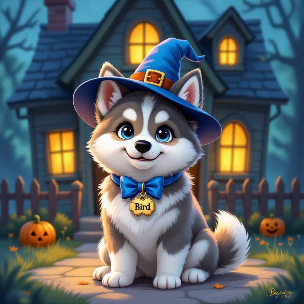 Adorable Husky in Witch Hat at Haunted House