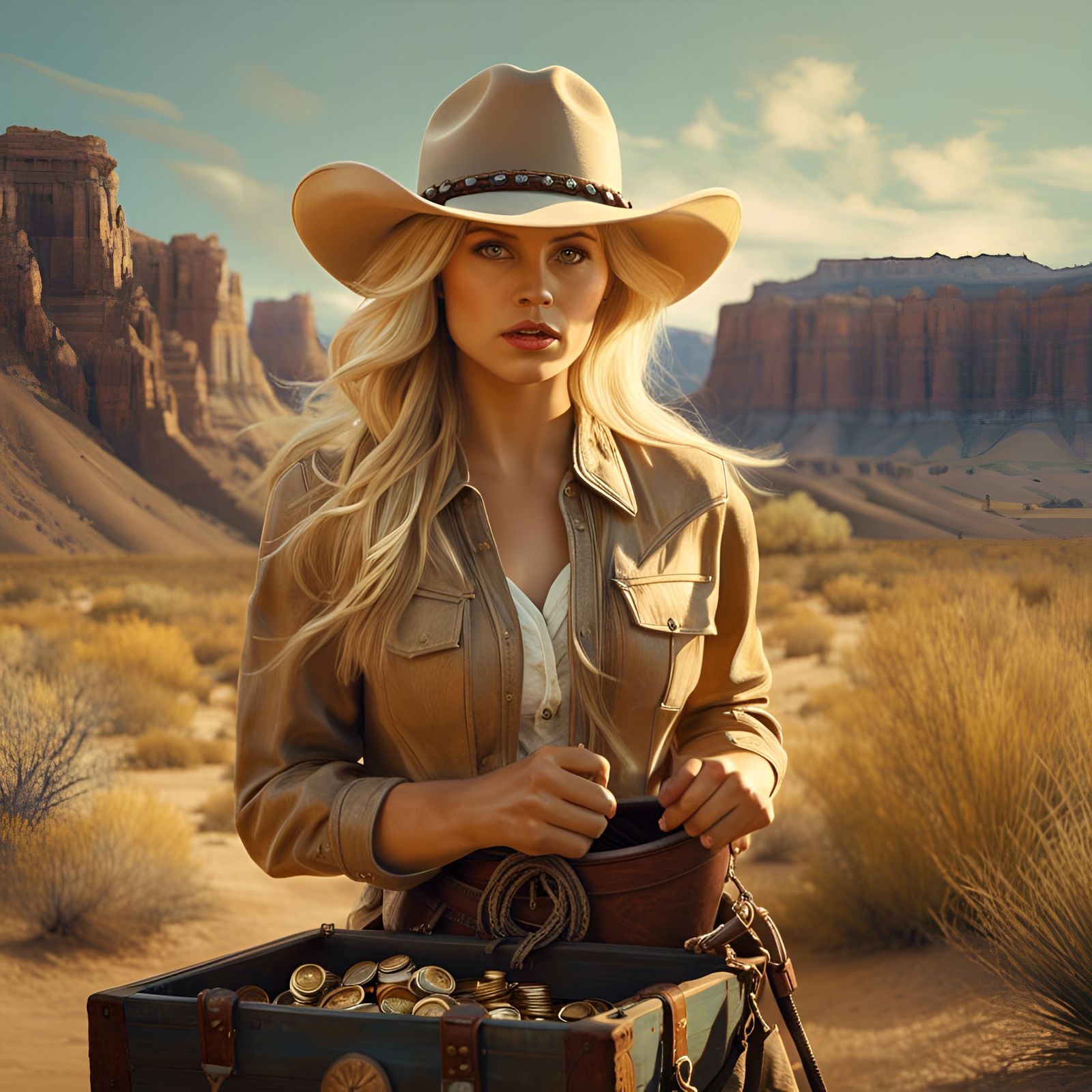 Cowgirl's Desert Treasure: A Photorealistic Western Portrait
