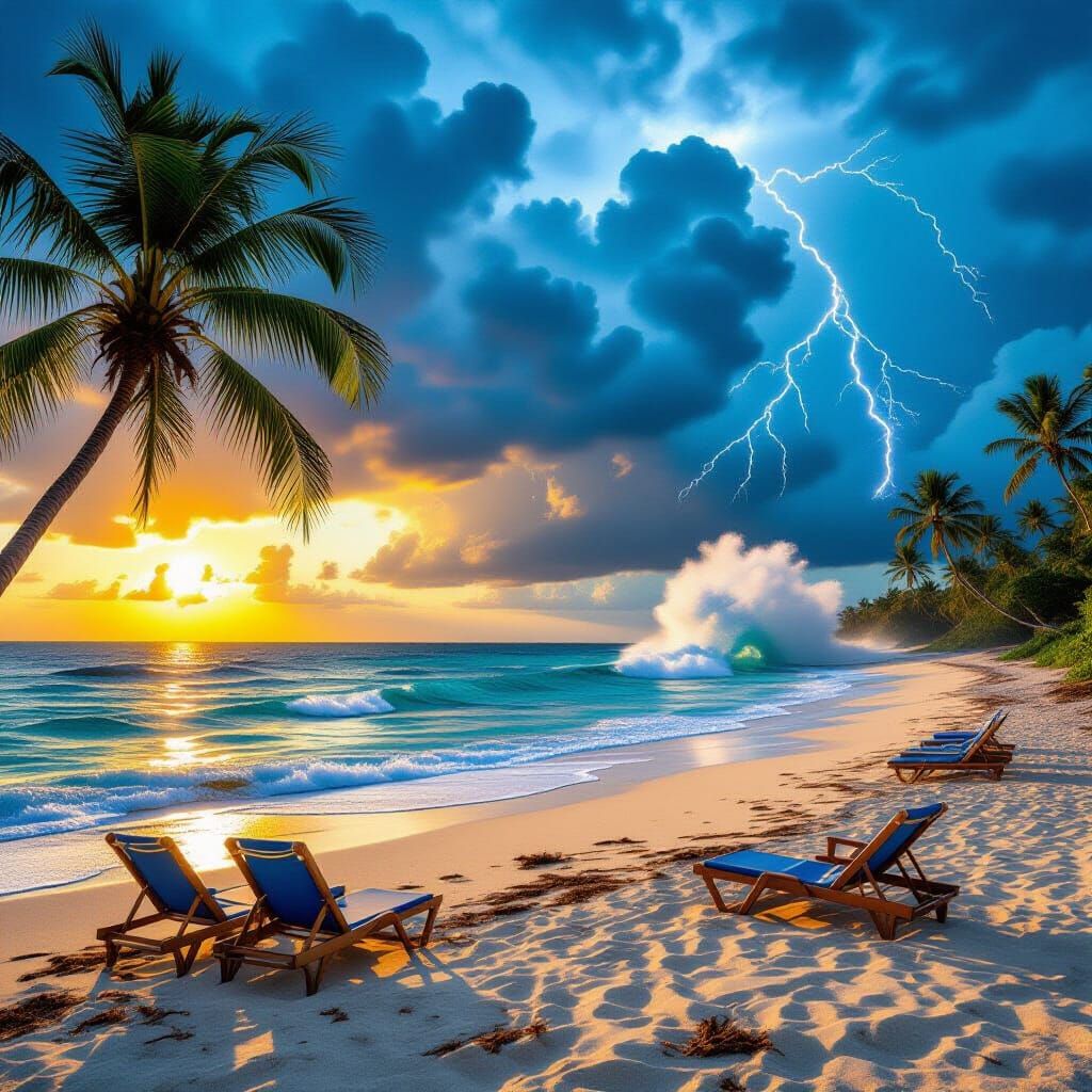 Tropical Beach: Serenity vs. Hurricane in Hyperrealistic Dip...