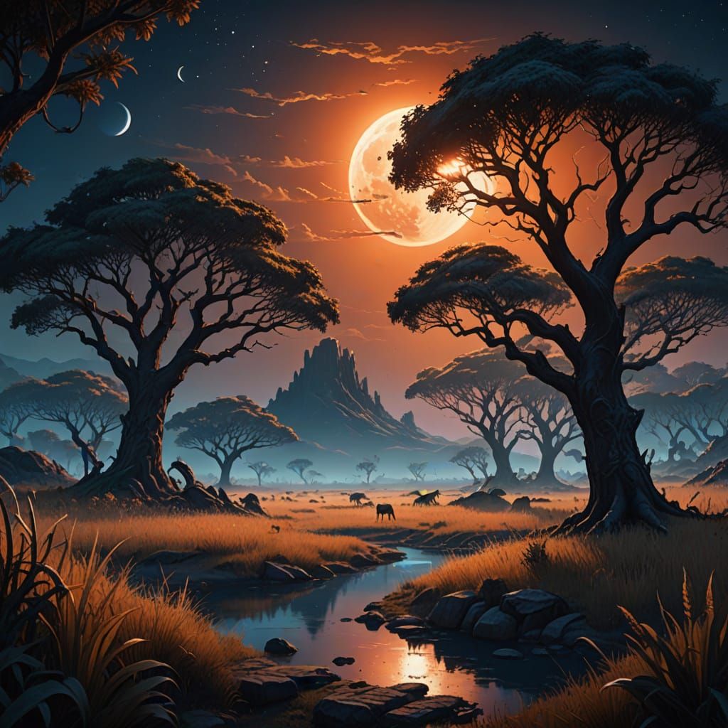 Mystical Savannah Under a Blood Moon
