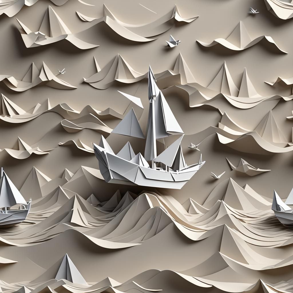 Origami Boat Sailing on Waves