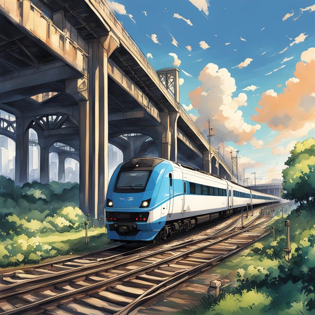 Intercity Train on Viaduct in Anime Style