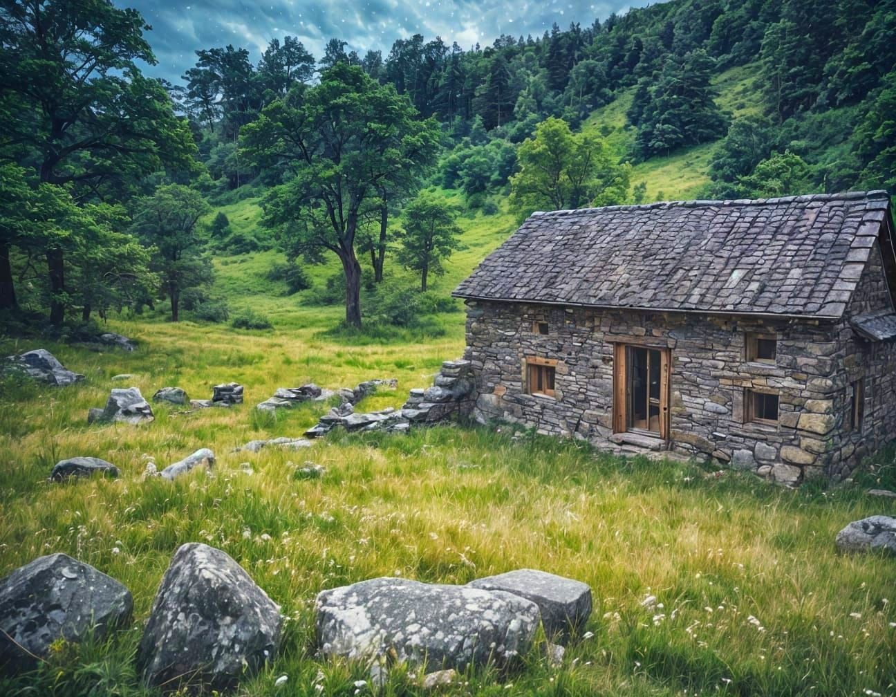 Rustic Stone House Under Starry Night Sky