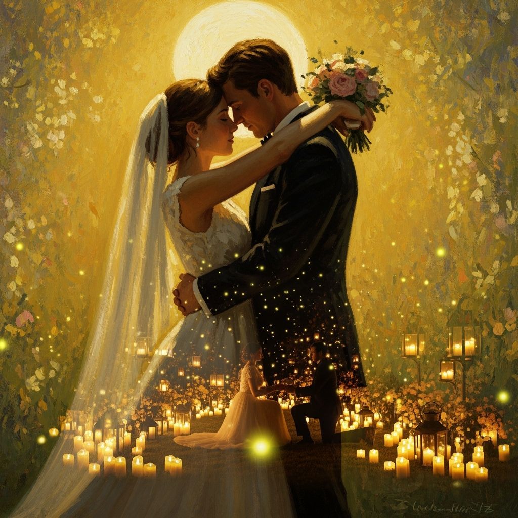 Elegant Couple Embrace Under Moonlit Sky as Impressionist Pa...