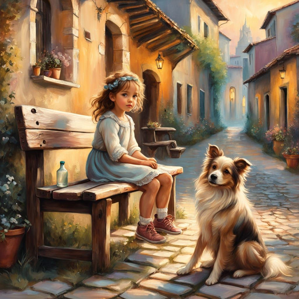 Fantasy Girl on Bench in Italian Village