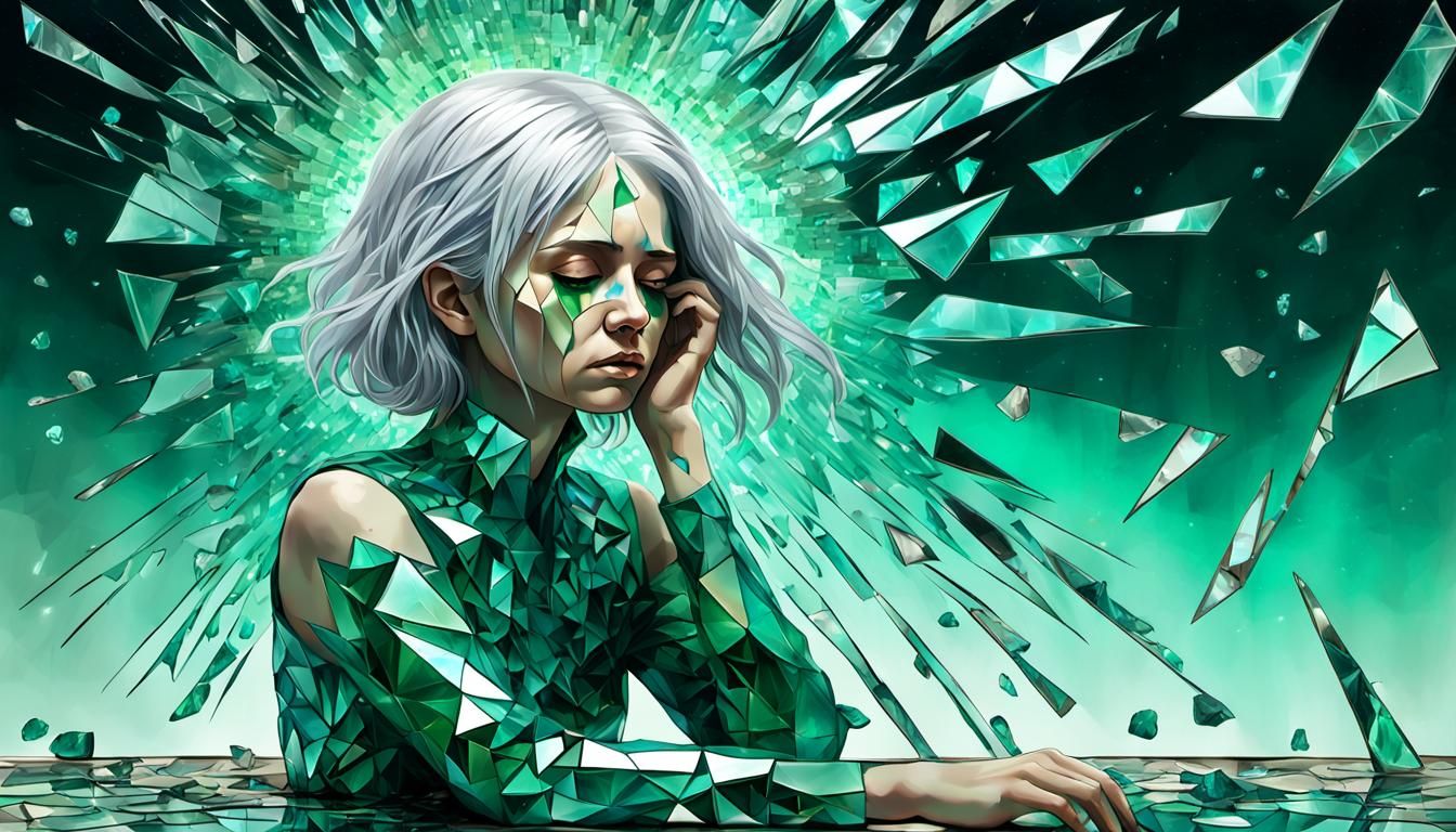 Sorrowful Woman in Shattered Mirror, Prismatic Digital Art