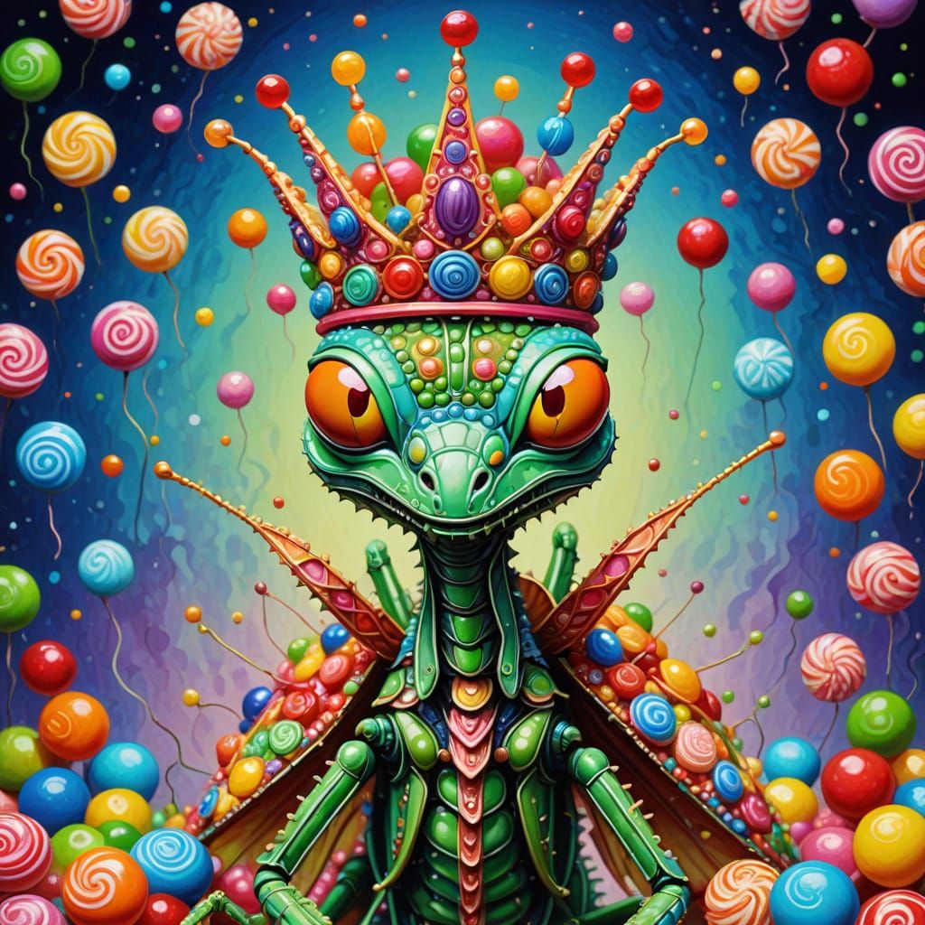 Candy Crowned Mantis in Whimsical Japanese Pop Surrealism